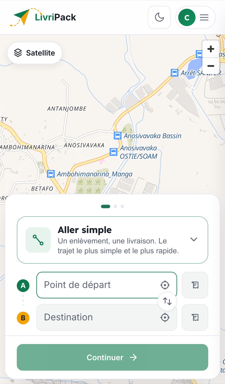 Commande d’une course sur la carte d’Antananarivo dans l’application LivriPack